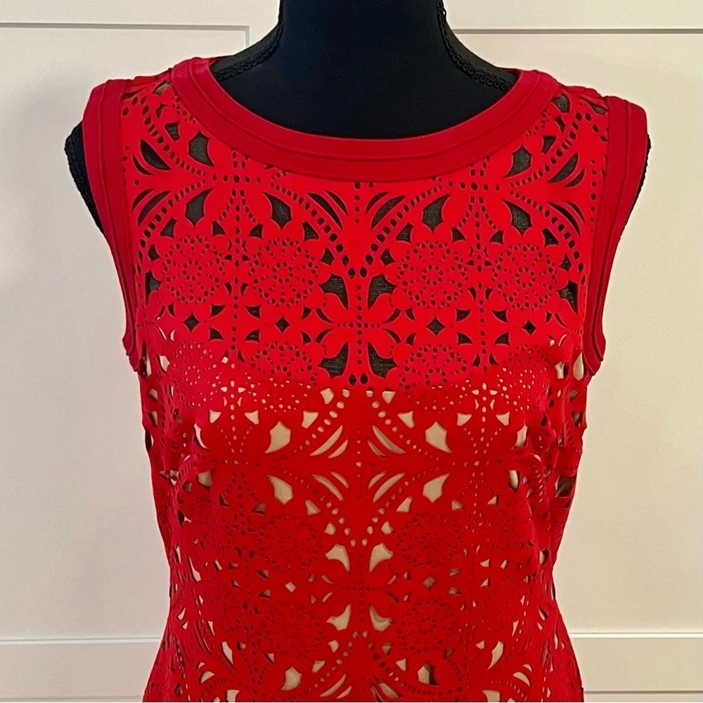 Tadashi Shoji Red Laser Cut Suede Sheath Knee Length Dress Size medium - Picture 6 of 16